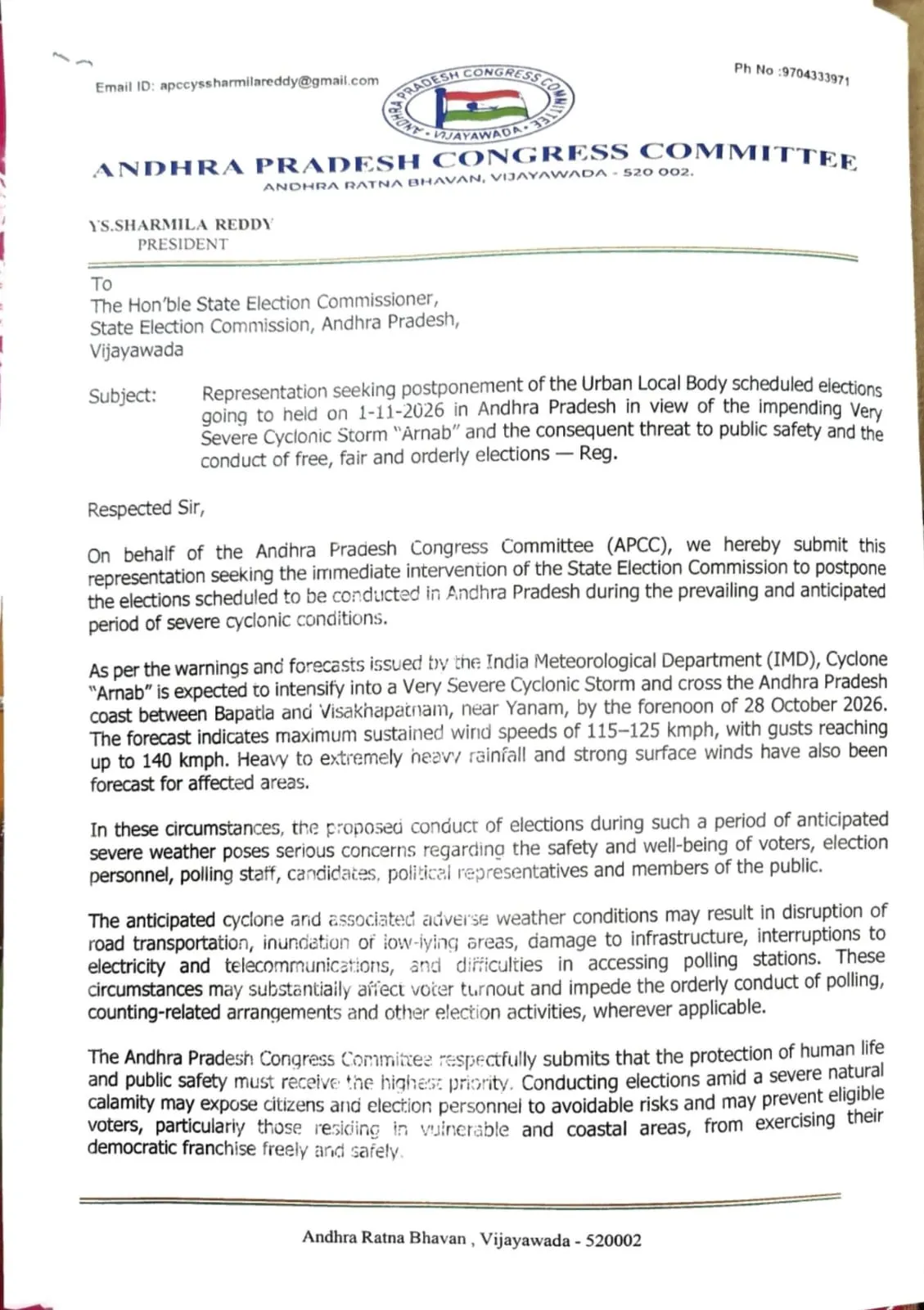 Andhra Pradesh Congress Seeks Postponement of Local Body Elections Amid Cyclone Threat. — image 2