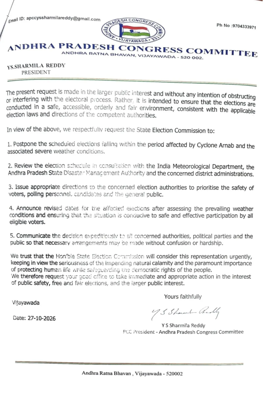 Andhra Pradesh Congress Seeks Postponement of Local Body Elections Amid Cyclone Threat. — image 3